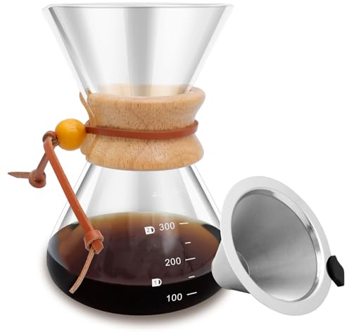 VAVPUP Pour Over Kaffeebereiter 400 ml,Kaffeekaraffe aus Glas mit doppelschichtigem Edelstahlfilter,hitzebeständiges Pour Over Set mit Holzgriff für Zuhause Café Restaurant und Camping(400 ml)
