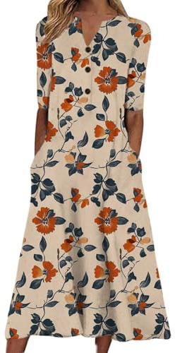 Boho Dresses for Women UK Clearance Italian Short Sleeve Button V Neck Dress with Pocket Ladies Floral Casual Sundress Elegant Swing Midi Dress Loose Pullover Lounge Dresses Beach Holiday Sundress