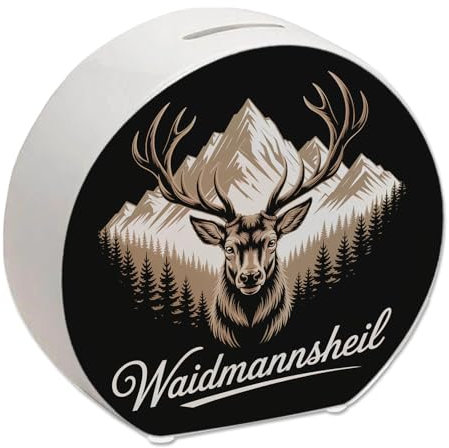 Hirsch vor Bergkulisse Waidmannsheil Spardose für Jäger Lustiges Hirschdekor Jagdgeschenk ideal für Naturfreunde Jägergruß