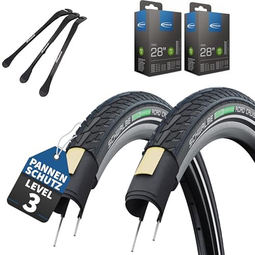 Schwalbe Road Cruiser Fahrradreifen Schwarz Reflex 28 x 1,60 Zoll (42-622) + AV | DV | SV + MSZweirad Reifenheber (AV-Ventil Schläuche, 28x1.40 Zoll (37-622))