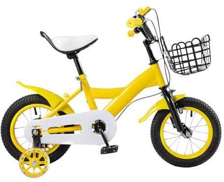 JJsdwin Kinder Fahrrad, 12 Zoll Kinderfahrrad mit Abnehmbare Stützrädern und HöHenverstellbar, Kinderfahrräder für Ab 2-4 Jahre Jungen und Mädchen, Gelb