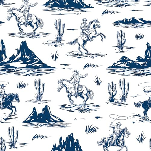 LACHEERY Selbstklebende Tapete Blau Weiß mit Muster Western-Cowboy 44.5cm x 200cm Wandtapete Selbstklebend Kinderzimmer Wasserdicht Wand Tapeten Vintage Vinyl für Wohnzimmer Schlafzimmer Bücherregal