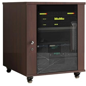 RGZFYH HIFI Rack Mobiletto portaoggetti AV con porta in vetro e ruote, mobiletto portaoggetti for lettore DVD con ripiani regolabili e gestione cavi, rack audio for KTV TV(Walnut,63x57x56cm)