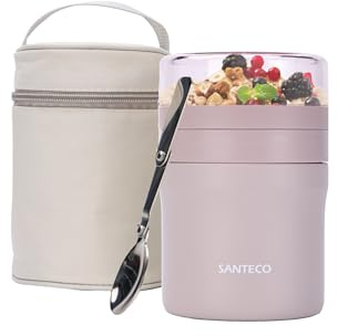 SANTECO Müslibecher to go 500ml+220ml Thermobehälter für Essen mit Löffel Hält 12 Stunden Warm, Spülmaschinenfest, BPA-frei, 2 in 1 Lunchpot Praktisch Joghurtbecher für Arbeit/Schule/Zuhause, Grau