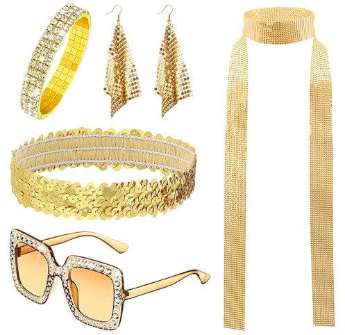 Kuvarix 70er 80er Jahre Disco Zubehör, 6 Stück Glitzer Outfit Damen Accessoires, Disco Outfit Damen mit Ohrringen, Schal, Armband, Stirnband und Brille für Fasching Disco Retro-Party Musikfestival