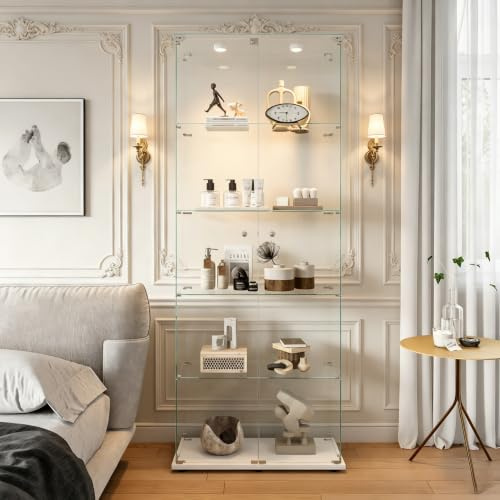 ZSSWSS Vitrine aus Glas, Ausstellungsvitrine mit 5 Glasablagen, Moderne Vitrine für Wohnzimmer mit 2 Türen und Schloss, Vitrine für Sammler,5 Etagen 2 Tür, für Sammlervitrine,Bücher und Wein,Weiß A