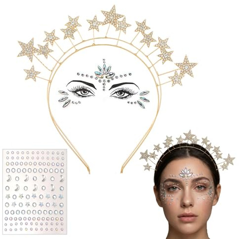 ENYACOS 3-teiliges Set: Stern Haarreif Gold Strass + Face Gems & Glitzersteine – Sternenhaarreif Damen & Mädchen – Heiligenschein Kopfschmuck für Fasching, Silvester, Karneval & Festival (A)