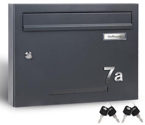 Zedelmaier Briefkasten ohne Zeitungsfach, personalisiert, Anthrazit | Mailbox, wetterfester Wandbriefkasten; Edelstahl-Namensschild & -Hausnummer, DIN C4, 4 Schlüssel, 37,5 x 30 x 10,5 cm