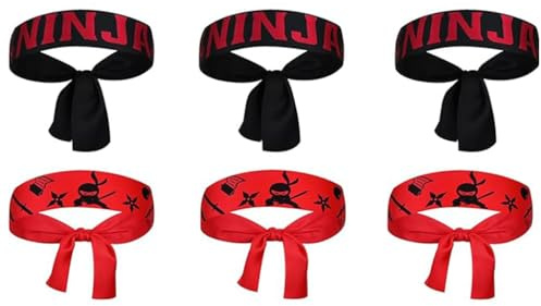 6er Pack Ninja Stirnband, FF2-7 Rot & FF2-8 Schwarz Schwert-Design Kopfband, Party Zubehör für Karate, Geburtstagsparty, Cosplay, Fasching und Halloween Gastgeschenke für Jungen und Mädchen