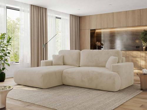 MKS MEBLE Ecksofa Wohnlandschaft L-Form mit Schlaffunktion und Bettwäscheschrank, Schlafsofa mit Bettkasten, modernes Sofa OVO L - Links - Creme Plüsch
