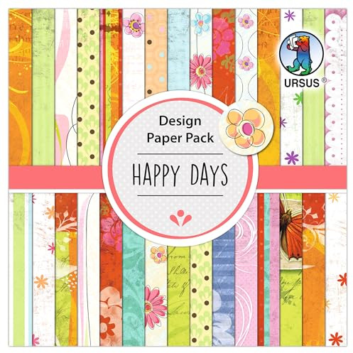 Ursus 4108 00 02 - Design Paper Pack Happy Days, 30 Blatt, 15 x 15 cm, 190 g/m² Design-Papier in verschiedenen Motiven, beidseitig bedruckt, Bastelpapier für DIY & Deko