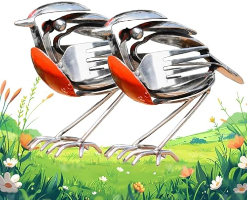 HopeWings Robin Metal Bird Sculpture, Handcrafted Steel Cutlery Art Statue, Unique Decorative Ornament for Garden, Patio or Office Desk (2pcs)