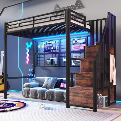 Merax Hochbett 90x200 cm Metallbett mit Treppenregal & Schrank, Platzsparendes Jugendbett mit LED-Beleuchtung, Gitterwand und offener Raum, Multifunktionales Bettgestell (ohne Matratze), Schwarz