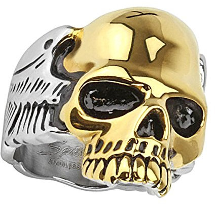 Piersando Herren Ring Edelstahl Biker Rocker mit Totenkopf Bicolor Herrenring 26mm Breit Silber Gold Größe 70 (22.3)