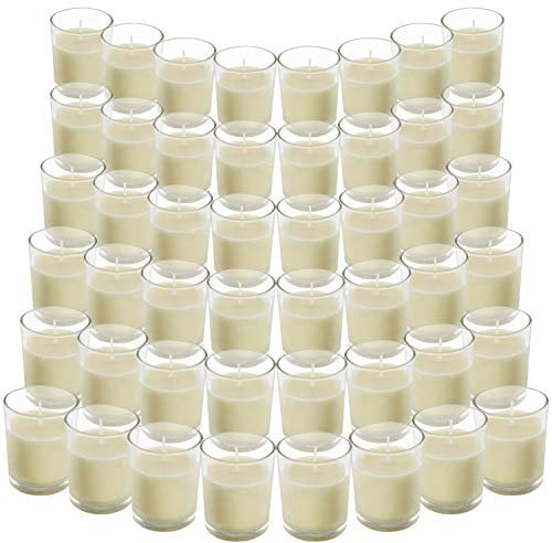 BELLE VOUS Velas en Vaso Cristal (Pack de 48) - Velas Blancas Votivas sin Aroma – 12 Horas Funcionamiento - Portavelas Cristal Transparente Velas de Cera Vertida a Mano – para Bodas, SPA, Hogar