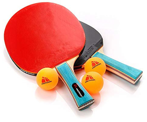 meteor Tischtennis-Set Zwei Schläger und DREI Bälle Allround-Profi Amateur-Mittel- und Fortgeschrittenentraining Tischtennisschläger Paddel Komfortabler Griff Für die Schule Zu Hause Sportverein Büro