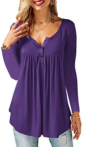 Amoretu Damen Basic V-Ausschnitt Langarm T-Shirt Tunika Bluse Top Violett L