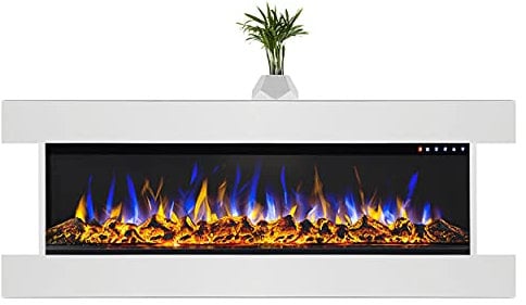 GLOW FIRE Elektrokamin mit Heizung und Kaminfeuer (Wandkamin Clear 36) - elektrischer Kamin mit LED-Feuer in 3 Farben, Heizlüfter, Deko & Fernbedienung - zum Aufhängen an der Wand - 118x53 cm, Weiß