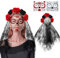 Abnaok Haarreif mit Rosen und Halloween Temporäre Gesicht Tattoos, Blumen Faschingskostüme Damen Tag der Toten Schleie, Rosen Haarreif mit Blumen und Schleier