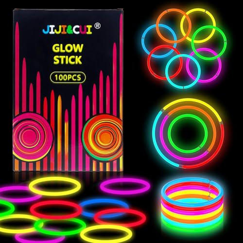 JIJI&CUI Super Bright 100 Leuchtstäbe Knicklichter Set,Neon Leucht-stäbe Par-ty Pack,Leuchtspielzeug für Kinder Leuchtarmbänder, Neon-leuchtendes dunkle Party Supplies Leuchtstäbe für Party