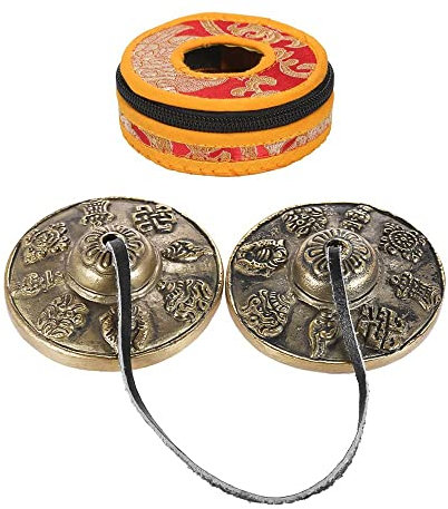 Heysland Tibetische Tingsha-Beckenglocke, 6,5 cm, handgefertigt, Yoga, Glocke, Meditation, Glocke, Glocke mit Tasche, 8 verheißungsvolle Symbole