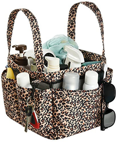 Haundry Tragbare Netz-Dusch-Caddy-Tasche, großer Korb-Organizer mit Schlüsselhaken für College, Wohnheim, Badezimmer, Camping, Fitnessstudio, hängende Tragetasche mit 8 Taschen (Lepoard)