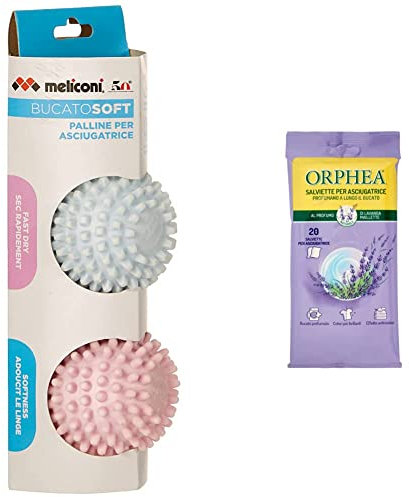 Meliconi, BucatoSoft asciugatrice per ammorbidire e ridurre Tempi di Asciugatura, 2 Palline & Orphea, Salviette per Asciugatrice Profumo a Lungo Il Bucato, al Profumo di Lavanda Maillette