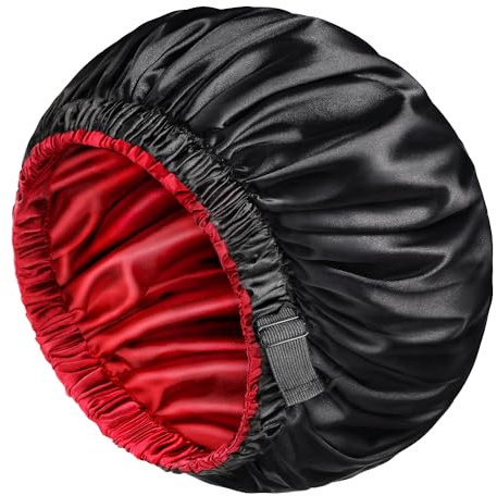 mikimini Satin Bonnet for Men and Women, Reversible Double Layer Sleeping Bonnet for Hair Braids with Anti-Slip Adjustable Elastic Band Super Soft (XL, Black/Red)