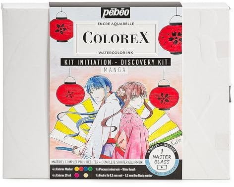 Pébéo - Kit Manga Colorex - Set de Dessin Manga & Illustration Colorex - Vidéo Tuto Manga Inclus - Guide d'Apprentissage Manga pour Passionné et Débutant - Encre et Stylo Rechargeable Aquarelle