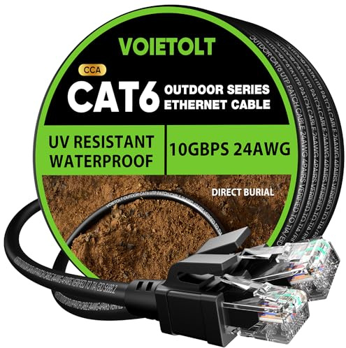 VOIETOLT Câble Ethernet Cat 6 d'extérieur de 53,3 m, 24 AWG, 10 Gbit/s, câble Cat6 imperméable, à enfouissement direct en polyéthylène basse densité UV, câble de réseau Internet avec 40 attaches