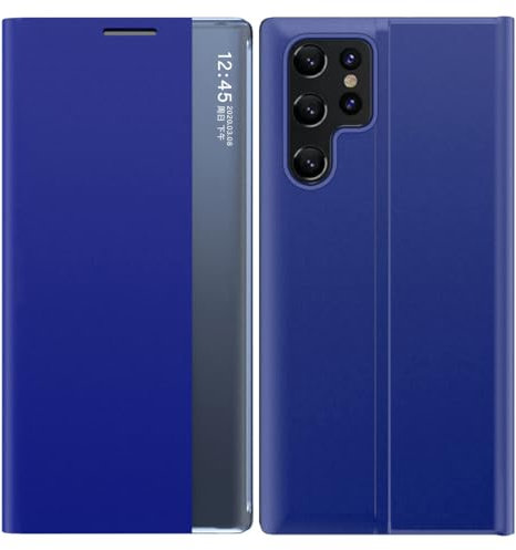 KarFRi Hülle für Samsung Galaxy S24 Ultra/S24 Plus/S24, Dünne Leder Handyhülle mit View-Fenster und Intelligenter Schlaf KameraSchutz Stoßfeste Hülle,Blau,S24 Ultra
