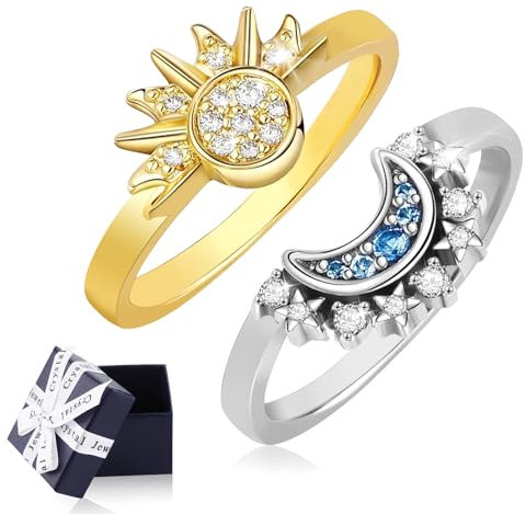 PENCHUAN 2 Stück Sonne Mond Ring Gold Silber Set,Matching Ringe Frauen,Himmlische Sonne Ring Gold und Mond Ring Silber Matching Rings, Freundschaftsringe Sonne und Mond Ring,Geschenke Für Frauen