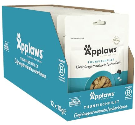 Applaws 100% natürliche Katzensnacks, gefriergetrocknetes Thunfischfilet - Packung mit 12 x 10g Beuteln