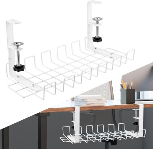 QWORK Under Desk Cable Management Tray with Clamp-On Design, 2 Pack Cable Racks No Drill Installation for Office/Home - Fits Desks 0.4 to 2.4 Thick