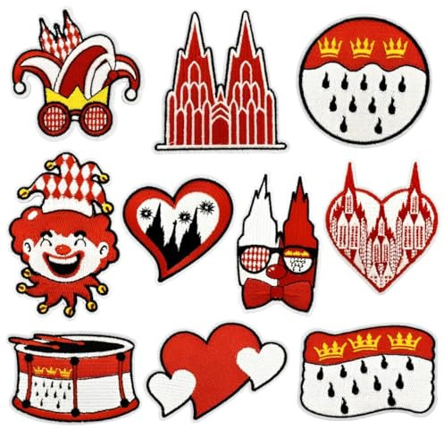 CGVG 10 Pcs Bügelbilder Köln Karneval Rot Weiß Kölner Patches zum Bügeln oder Aufnähen Köln Applikation Aufnäher DIY Bügelflicken für Kleidung Tasche Jeans Karneval Accessoires Dekoration