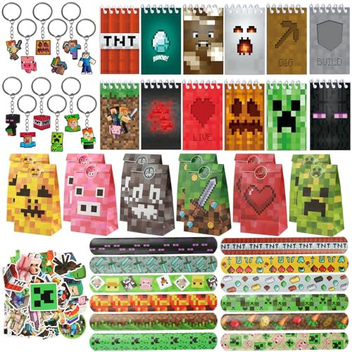 KEVRDRT 98 Pcs Videojuegos Fiesta Cumpleaños de Regalo, Miner Regalos Fiesta los Niños, Libreta Llaveros Pegatinas Pulseras Bolsa Regalo, Videojuegos Miner Artículos de Fiesta, Favores de Fiesta