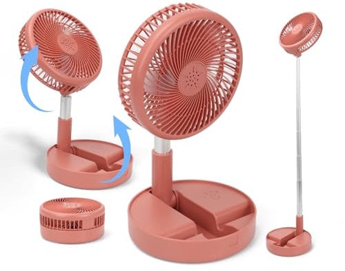 Les-Theresa 39 Inch Foldable Rechargeable Fan Portable Desk Standing Cordless Folding Floor Travel Fan 7200Mah, Usb Pedestal Fans 4 Speeds for Home Office Camping Fishing Travel (Red)