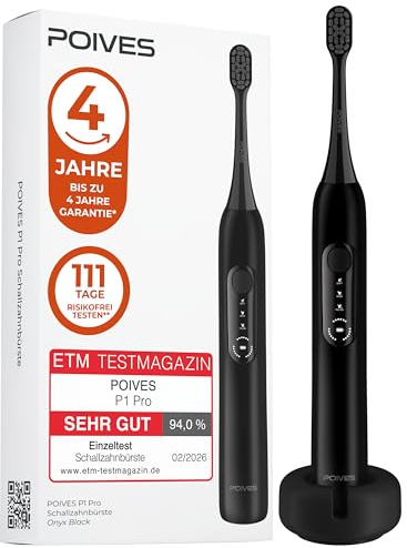 Schallzahnbürste Testsieger 2026* POIVES P1 Pro Ultraschall, Onyx Black | Bestnote SEHR GUT**, 4 Jahre Garantie & 111 Tage Risikofrei testen***, Elektrische Zahnbürste mit Drucksensor, schützt Zähne