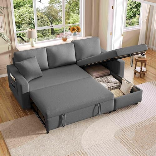Lahoomu Schlafsofa mit Schlaffunktion, L-förmiges, Sofa-Chaiselongue mit Stauraum, mit Taschenaufbewahrung, Links und Rechts Austauschbare Chaiselongue, Dunkelgrau