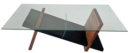 Modern Coffee Table, 105 cm x 31 cm x 65 cm | 100% Tempered Glass & Pine Solid Wood Frame | Black & Chestnut Colors | Stylish & Functional Design