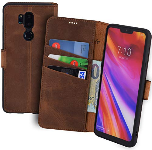 Suncase Book-Style kompatibel für LG G7 ThinQ Hülle (Slim-Fit) Leder Tasche Handytasche Schutzhülle Case (mit Standfunktion und Kartenfach - Bruchfester Innenschale) in antik Coffee