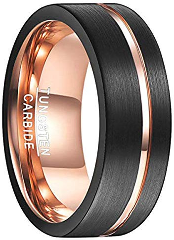 NUNCAD Ring Wolfram Unisex schwarz/Rosegold 8mm Aufarbeitung durch Mattierung und rosegoldenem Einschnitt perfekt für Hochzeit Verlobung und Veranstaltung Größe 72 (22.9)