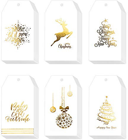 Whaline 120 etichette natalizie in carta stagnola dorata, etichette con spago, per regali di Natale fai da te, decorazioni per feste di buon anno