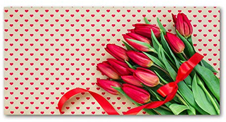 Tulup Glass Picture Wall Art - 100x50cm - Tempered Glass Decoration - Print for Living room Bedroom - Toughened Glass Image - Glass picture Wall Art - Tulips hearts