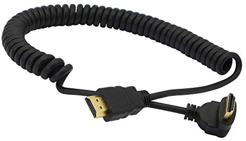 PNGKNYOCN Right Angle HDMI Coiled Cable,90 Degree HDMI Male to HDMI Male Spring Spiral Cable Support 3D 1080P for Camera, Monitor (black up)