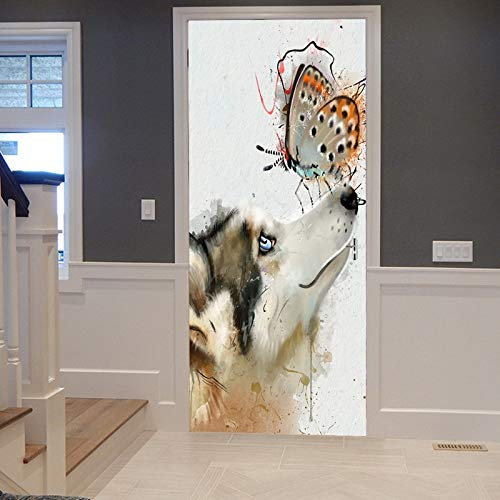 A.Monamour Türtapete Selbstklebend Türfolie Türposter 3D Weiße Stoffe Porträt Des Hundes Mit Schmetterling Auf Nase Lustiges Tier Vinyl Folie Türdeko Tapete Wandbild Türaufkleber Türtattoo 83 x 204 cm