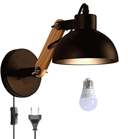 Industrielle Wandleuchte mit Holz Verstellbar Arm Wand Leselampe mit Kabel Schwarz Wandlampe Vintage E27 Industrial Retro Lampe mit Schalter Einstellbar Metall Schirm Wandbeleuchtung Innen Wandlicht