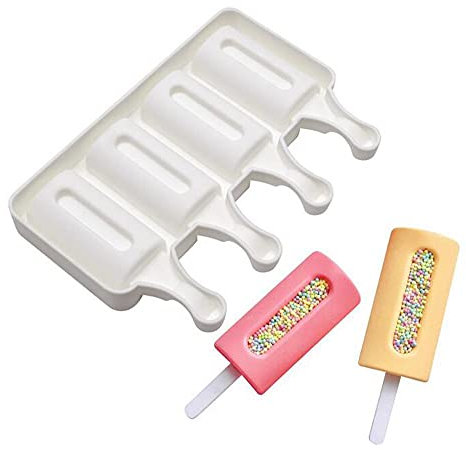 Molde Helado, Molde Helado Silicona con 50 Palos Madera, Moldes Paletas Chocolate, Molde Helados Magnum para Postre, Chocolate, DIY, 4 agujeros rectángulo de sándwich