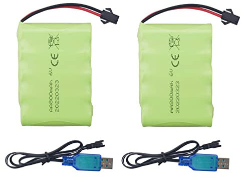 ZYGY 2PCS AA 6.0V 800mAh Rechargeable RC Toy Car Battery SM2P Plug RC Truck Stunt Car Excavator Toy Car Battery and USB Charging Cable