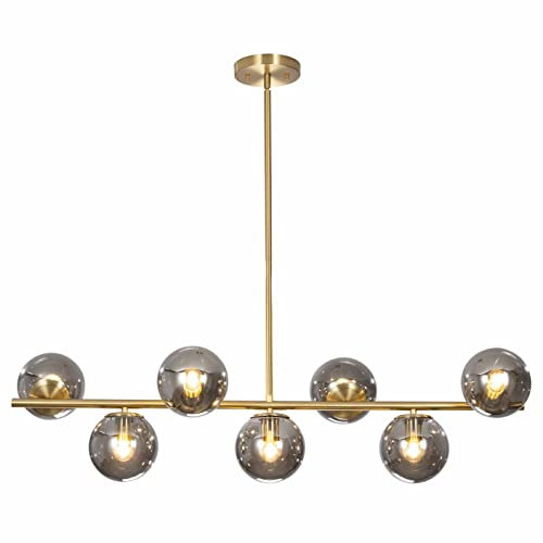 KCO Lighting Lámparas de Araña Sputnik Modernas Para Comedor, Lámpara Colgante de Latón Dorado Con Bolas de Vidrio Gris Ahumado, Lámpara Colgante E27 de 7 Luces Para Isla de Cocina y Comedor